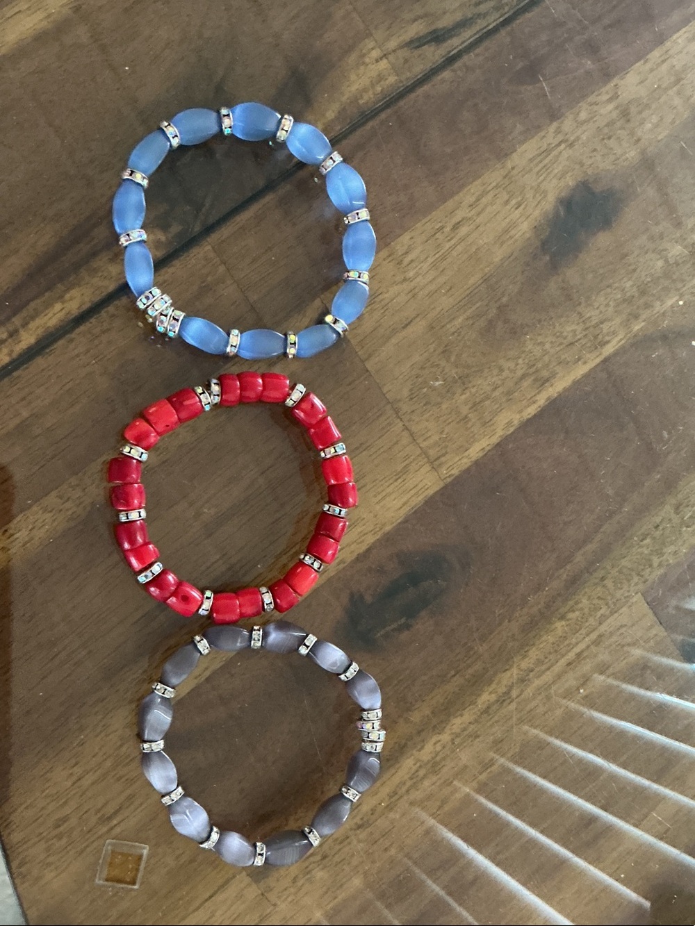 Blue, Red, and Gray Beaded Stretch Bracelets - Set of 3